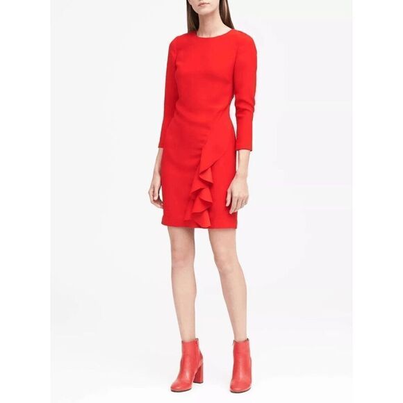 ❤️ BANANA REPUBLIC Ruffle 3/4 Sleeves Classy Shift Red Dress SIZE 0 - Picture 15 of 15